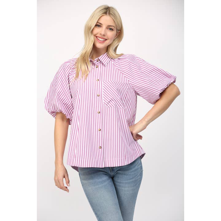 STRIPE SHORT PUFF SLEEVE BUTTON DOWN SHIRT