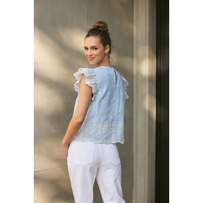 EYELET BORDER BLOUSE TOP WITH RUFFLED-SLEEVES