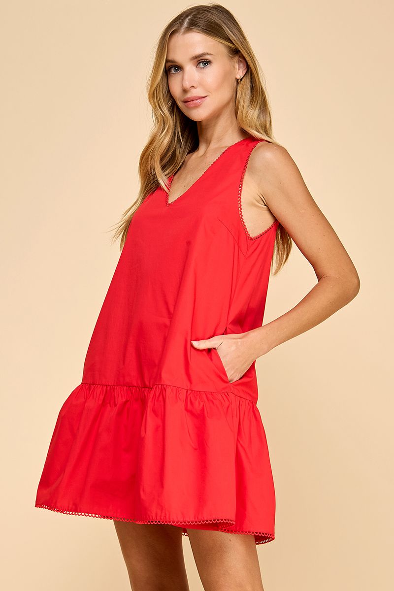 RED V-NECK POPLIN DRESS