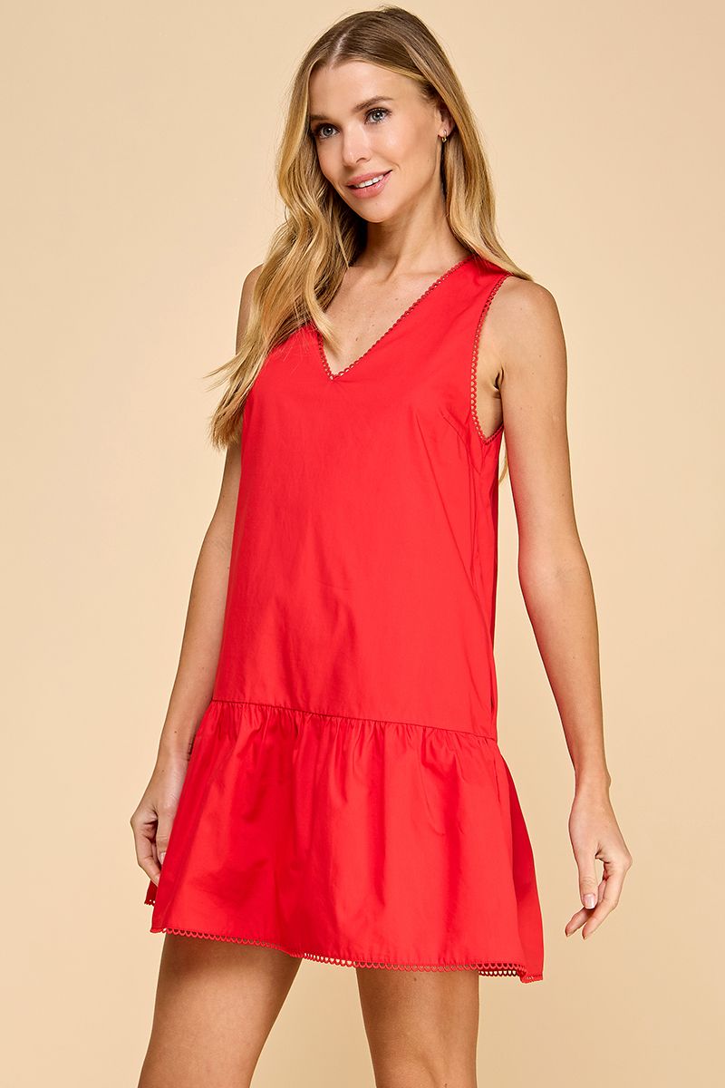 RED V-NECK POPLIN DRESS