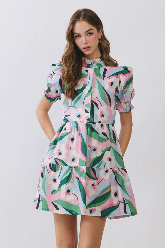 FLORAL PUFF SLEEVE TIERED RUFFLE NECK MINI DRESS