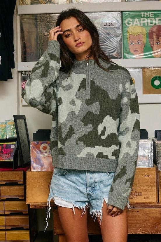 CAMO HALF-ZIP MOCK NECK SWEATER