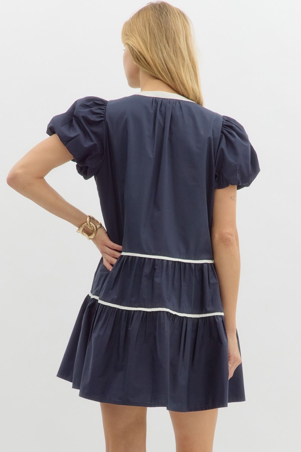 NAVY BUBBLE SLEEVE DRESS