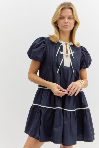 NAVY BUBBLE SLEEVE DRESS