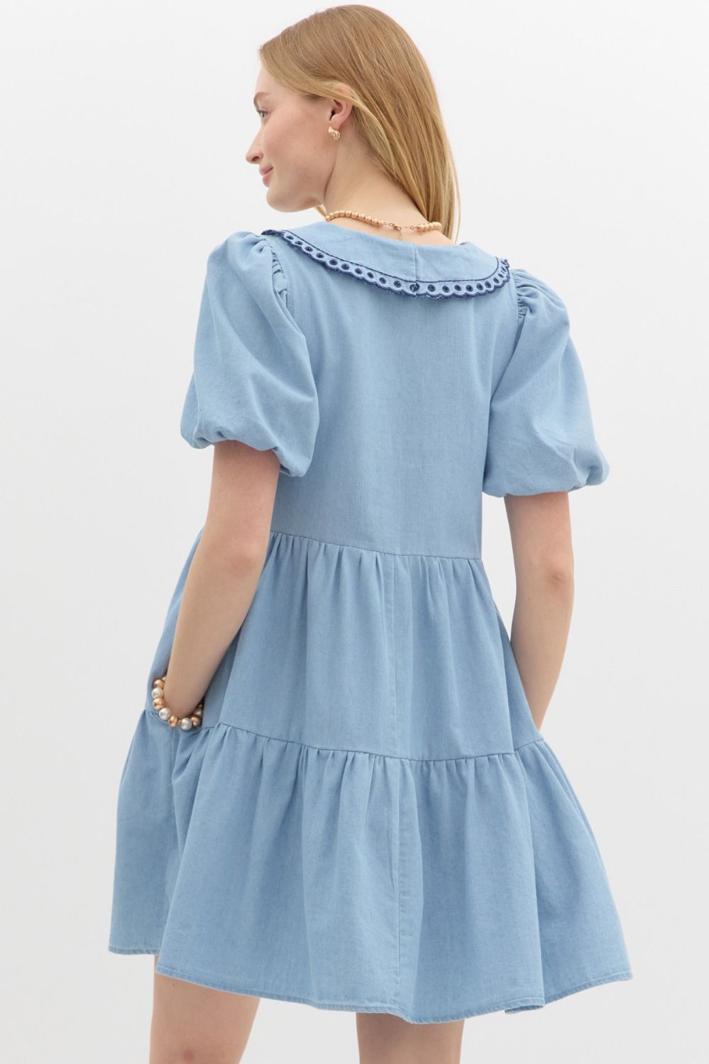 DENIM EMBROIDERED COLLAR DRESS