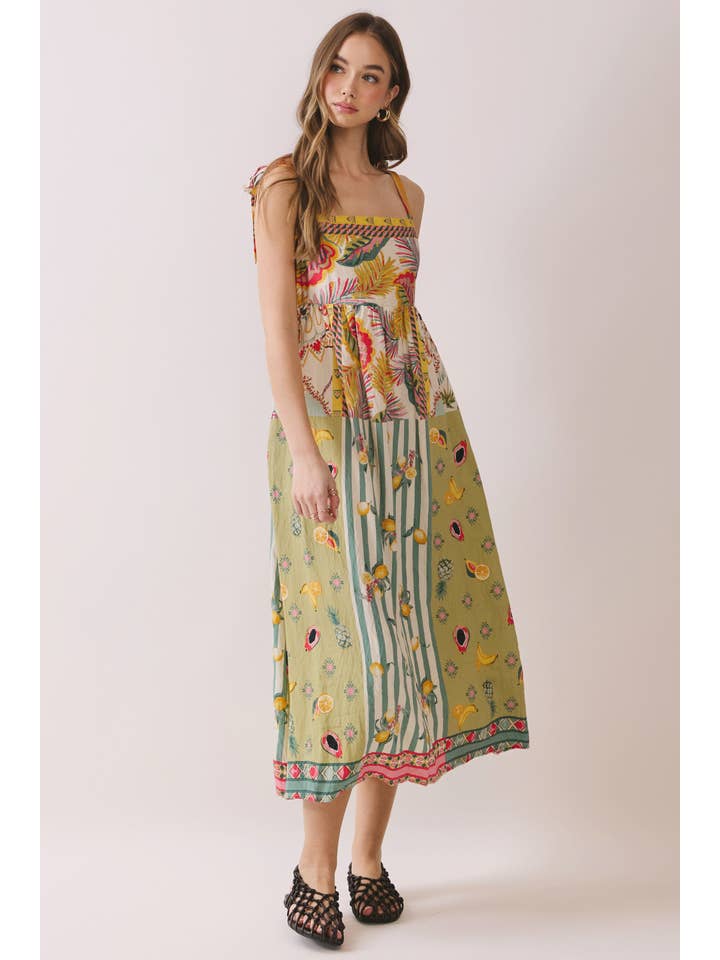 PATCHWORK PRINT SHOULDER TIE STRAP MIDI DRESS